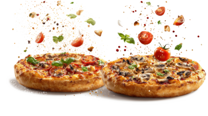 Two freshly baked pizzas with ingredients in the air isolated on a white background