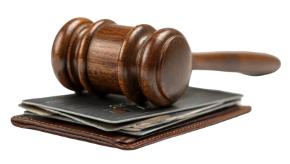 Wooden gavel resting on a leather wallet with credit cards