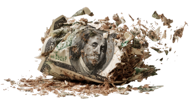 Crumbled banknotes in debris