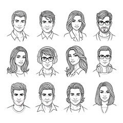 A collection of handdrawn black and white portraits of diverse young men and women for avatars.