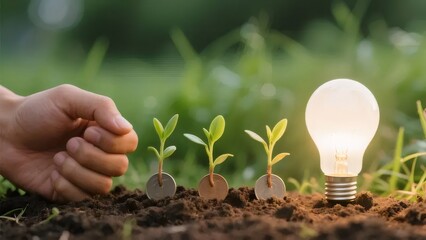苗と電球とコインと土と手のある環境イメージ