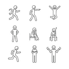 A collection of handdrawn stick figures depicting various human poses actions and emotions.
