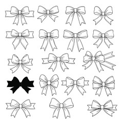A collection of handdrawn ribbon bows in various styles including line art and a solid black silhouette.