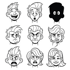 A collection of nine black and white cartoon character faces showing various human emotions like happiness anger and surprise.