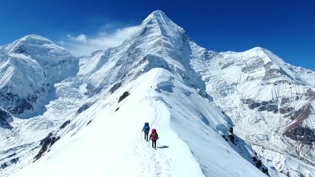 Drone Aerial View of Couple Trekking Mount Manaslu with Carriers
