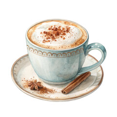 Obraz premium Watercolor cappuccino coffee cup with cinnamon and star anise isolated on a transparent background