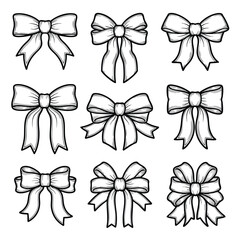 A collection of nine handdrawn black and white ribbon bows in a vintage sketch style.
