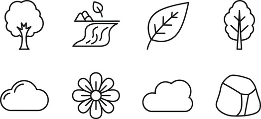 Obraz premium Collection of nature icons featuring a tree, waterfall, leaf, flower, cloud, and stone