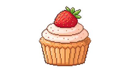 Pixel art cupcake with strawberry on top, a delightful treat rendered in retro style, isolated on transparent background