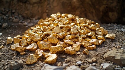 A sizable pile of irregularly shaped gold nuggets rests on a dirt ground, illuminated by sunlight.  The scene suggests a mining or prospecting context