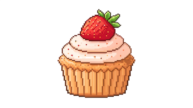 Pixel art cupcake with strawberry on top, a delightful treat rendered in retro style, isolated on transparent background