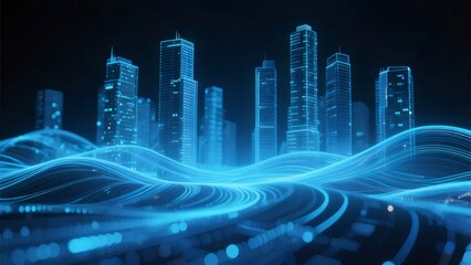 Glowing Blue Cityscape with Digital Waves in Dark