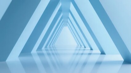 青い三角形が連続する抽象的な幾何学的廊下
