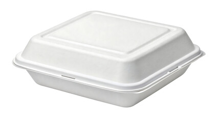 A closed white styrofoam food container, showcasing its clean design and suitability for takeout meals isolated on transparent background