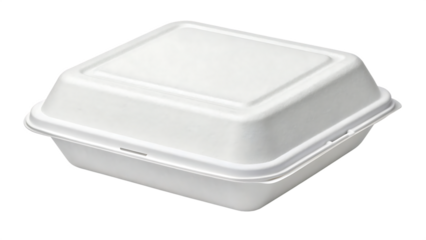 A closed white styrofoam food container, showcasing its clean design and suitability for takeout meals isolated on transparent background