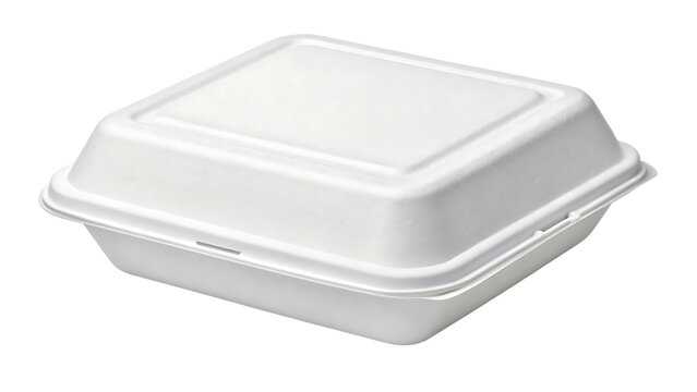 A closed white styrofoam food container, showcasing its clean design and suitability for takeout meals isolated on transparent background