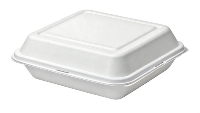 A closed white styrofoam food container, showcasing its clean design and suitability for takeout meals isolated on transparent background