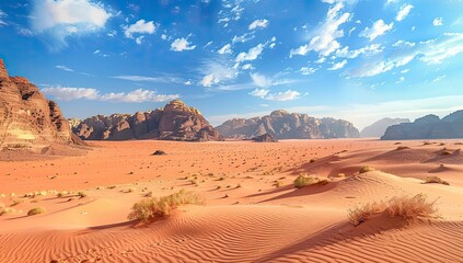 Expansive desert landscape under a vibrant blue sky, featuring red sand dunes, sparse desert vegetation, and rocky mountains in the background