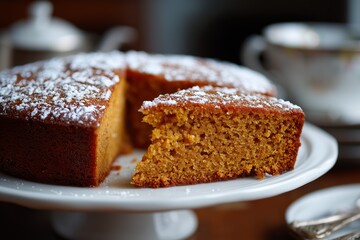Close-up of a homemade cake garnished with powdered sugar. Perfect for dessert, baking, or culinary inspiration.