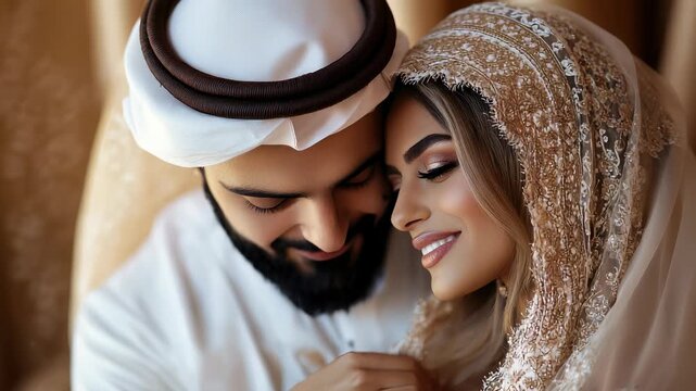 Close-up Portrait of a Smiling Emirati Couple in Traditional Wedding Attire, Celebrating a Joyful and Romantic Moment