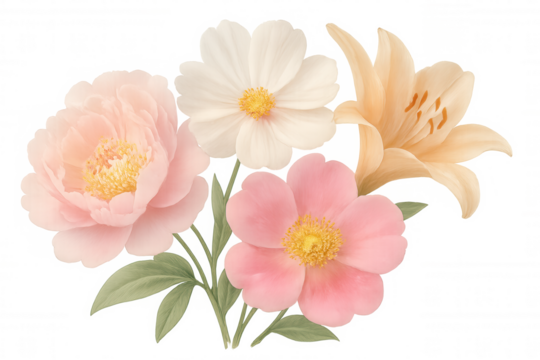 Watercolor floral bouquet illustration featuring pink peony, coral lily, and off-white cosmos flowers on transparent background