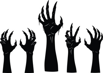 Five spooky black silhouette zombie hands reaching upward for halloween horror concept