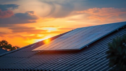 Residential rooftop solar panel array silhouetted against a vibrant sunset.  Warm hues dominate the sky, while the panel reflects the golden light