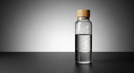 Glass Water Bottle with Wooden Lid and Condensation on Dark Surface