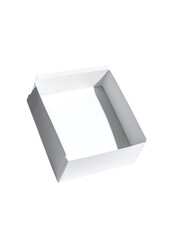 Fototapeta premium A clean, white, square cardboard box, shallow and open, sits at a slight angle against a black background