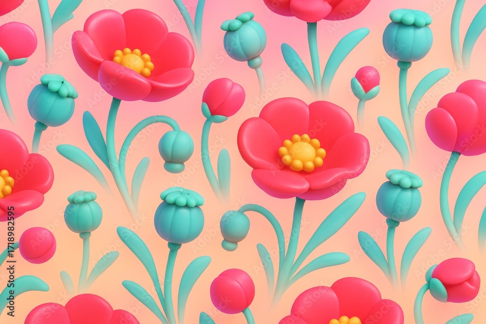 Canvas Prints seamless pattern of stylized red flowers and green buds with soft lighting on pastel gradient backgr