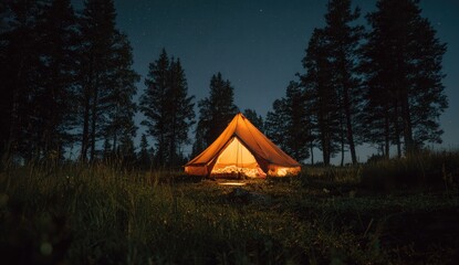 Illuminated yurt in a meadow at night