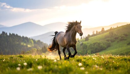 Fototapeta premium Horse running in a meadow at sunset