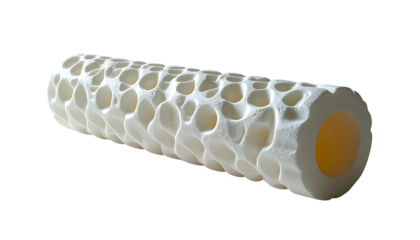 Off-white cylindrical object with a porous, honeycomb-like texture, featuring an open central channel and irregular surface detailing