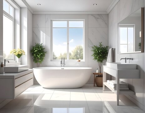 Modern, bright bathroom with large windows - Powered by Adobe
