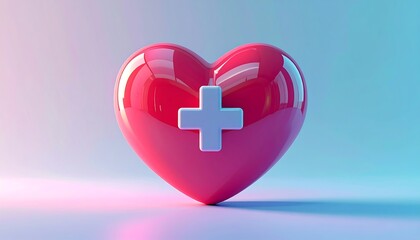 Obraz premium Glossy Red Heart with White Medical Cross Symbol on a Gradient Background.