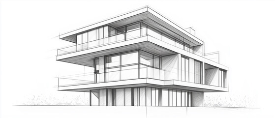 Fototapeta premium Grayscale detailed pencil sketch rendering of a modern minimalist three-story house