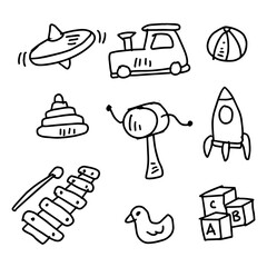 Set of cute hand drawn toys. Vector illustration in doodle style.