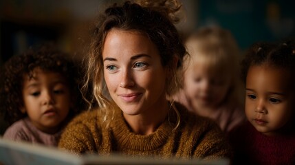 A caring teacher reads a storybook to young children in a warm softly lit room promoting early learning and engagement