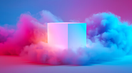 Futuristic glowing cube surrounded by colorful clouds in pink, purple, and blue hues. Surreal lighting and vibrant atmosphere are ideal for tech, sci-fi, or creative design projects.