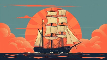 A three-masted sailing ship navigates calm waters at sunset, silhouetted against a large, stylized sun and clouds