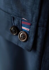 Naklejka premium Close-up of dark-blue fabric cuff with two dark brown buttons and a small, striped detail at the placket