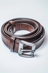 A neatly coiled brown leather belt with a simple silver buckle rests on a white background.  The belt is smooth and appears to be made of quality leather