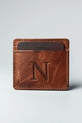 A brown leather cardholder with a subtly embossed capital 'N' sits on a neutral background.  The cardholder shows subtle texturing and slight wear for a rustic look