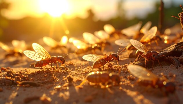 Ants with wings in golden sunlight