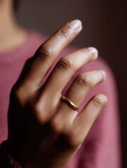 Close-up of a hand wearing a plain gold ring, capturing simplicity and elegance against a blurred background.