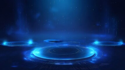 青色デジタル回路基板背景に3つの円形プラットフォーム