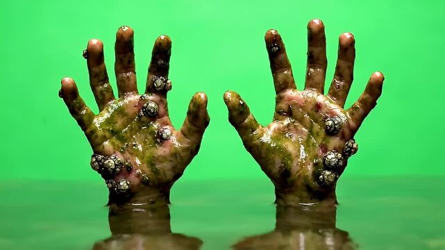 Close-up of two gross, green zombie hands raising out of murky water, covered in warts and slime, against a bright green background, a disturbing and eerie image
