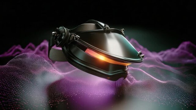 Advanced virtual reality headset hovering over a glowing purple digital landscape of flowing particles. Showcasing futuristic entertainment. Immersive experiences. And cutting edge gaming technology