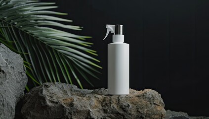A white cylindrical spray bottle rests on dark gray rocks, partially obscured by a palm frond against a black background