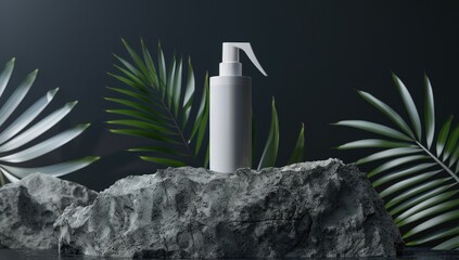 A white cylindrical bottle with a pump dispenser rests on gray rocks, surrounded by lush green palm fronds against a dark background.  The scene is minimalist and evokes a sense of natural elegance